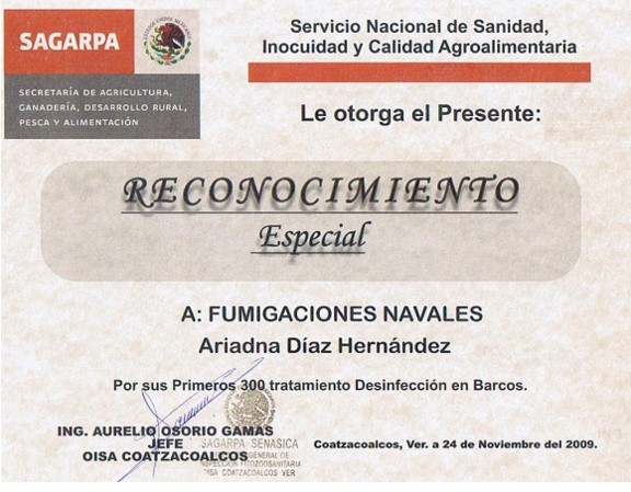 Reconocimiento especial por operaciones de desinfección cuarentenaria